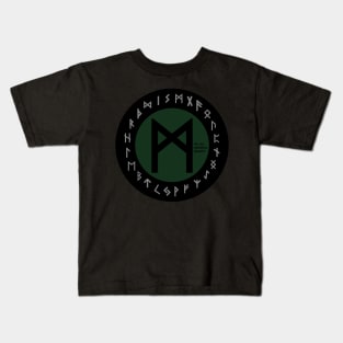 Green Mannaz Elder Futhark Rune | Viking | Pagan Symbol Kids T-Shirt